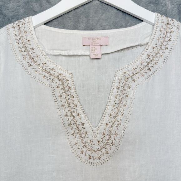 Saint Tropez West Linen Metallic Embroidered Pop Over Blouse Top White Gold Sz M - Picture 3 of 8